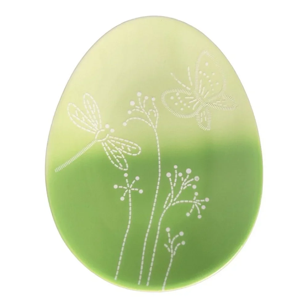 Crate & Barrel Green Egg Shape Plate spring easter Embossed 8x6” set of 4